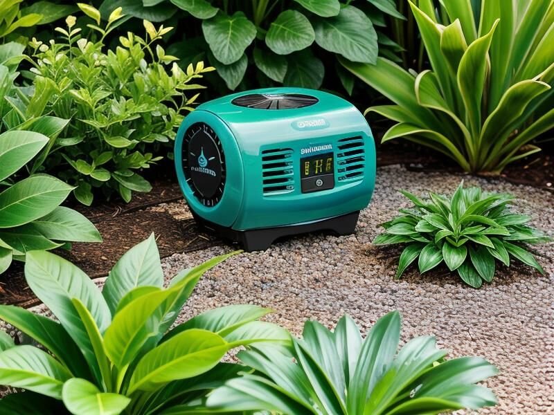 image oof beautiful green plants and an aqua colored irrigation machine