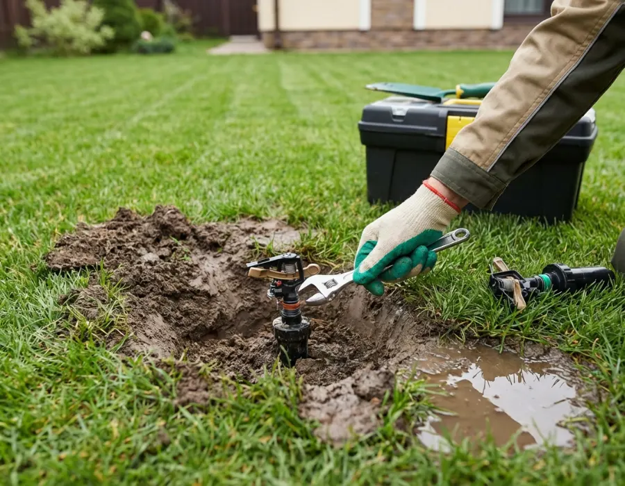 An irrigation technician repairing sprinklers