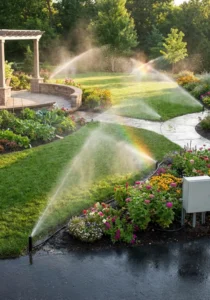 An image of a beautiful yard with a new irrigation system spraying
